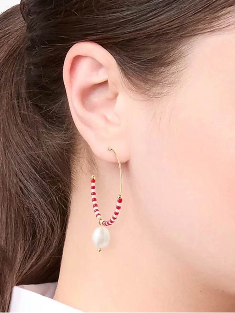 NWT Both-  J.Crew Navy Striped Bead Hoop Earrings with Pearl Charm - Navy & Red